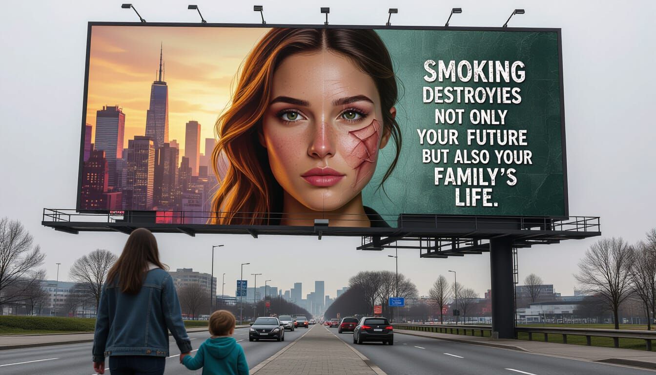 Woman's Face Billboard: Healthy Skin vs. Scars in Hyper-Real...