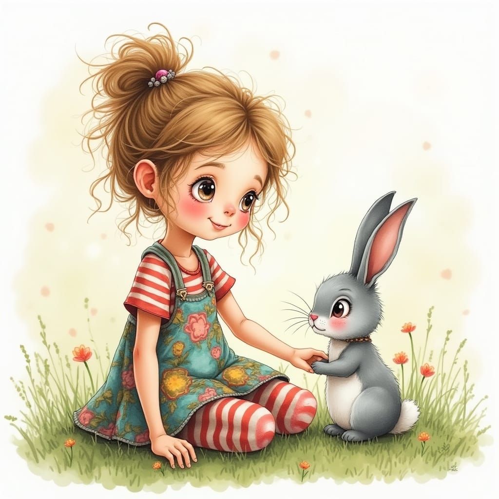 Girl Petting Bunny Watercolor Sketch