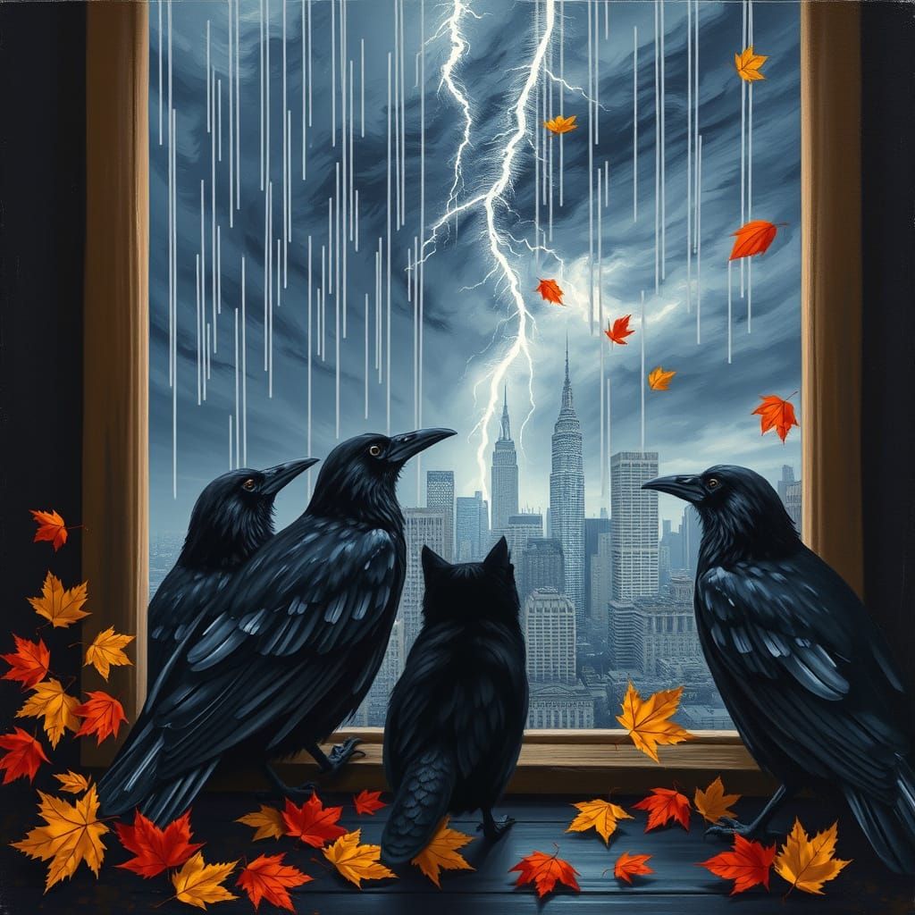 Ravens and Cat Watch Stormy Cityscape in Painterly Style
