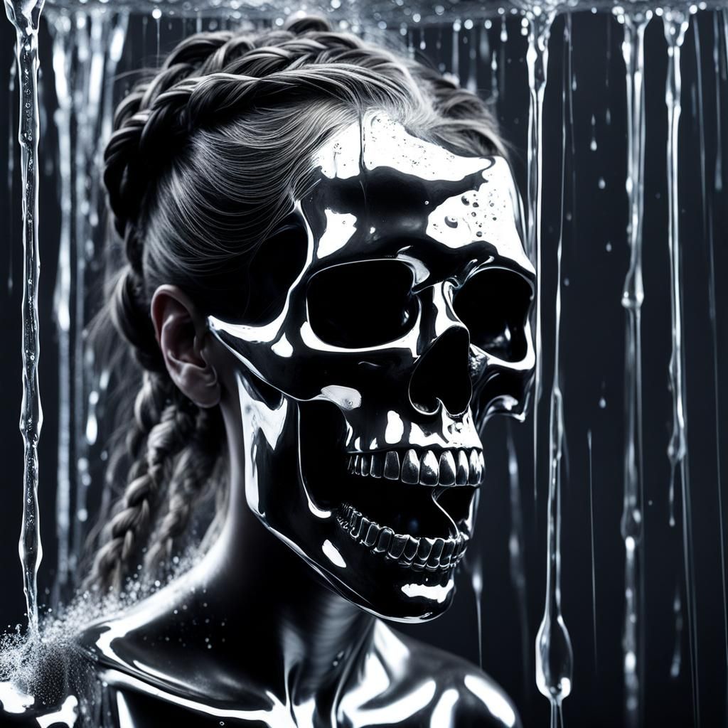 Chrome Skull and Screaming Woman in Liquid Mercury