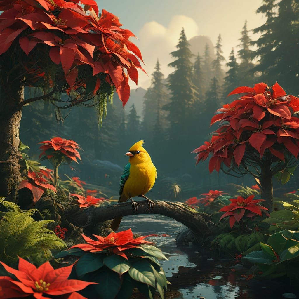 Vibrant Yellow Birds in Whimsical Poinsettia Wonderland