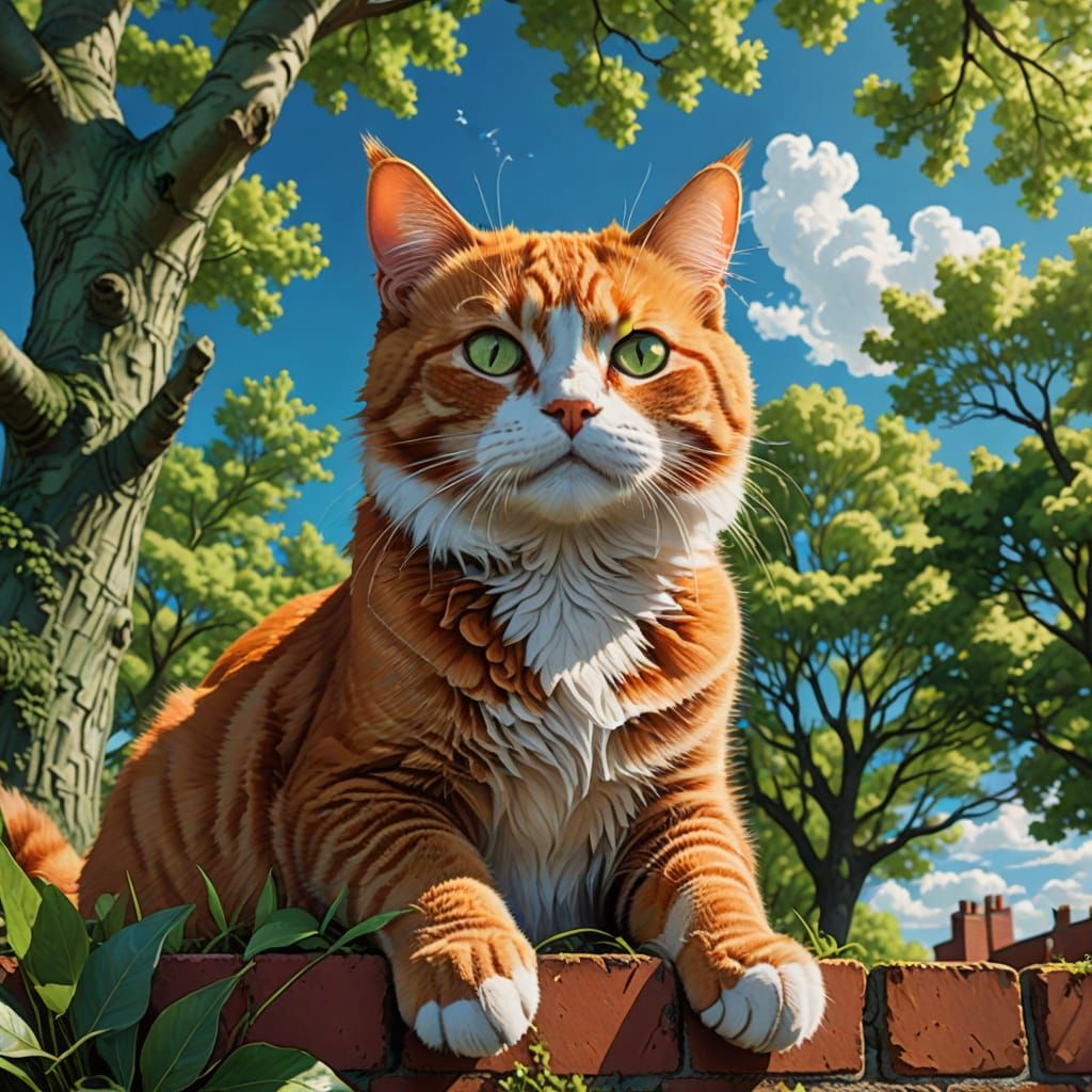 Vibrant Orange Cat Basks in Warm Light on a Red Brick Wall