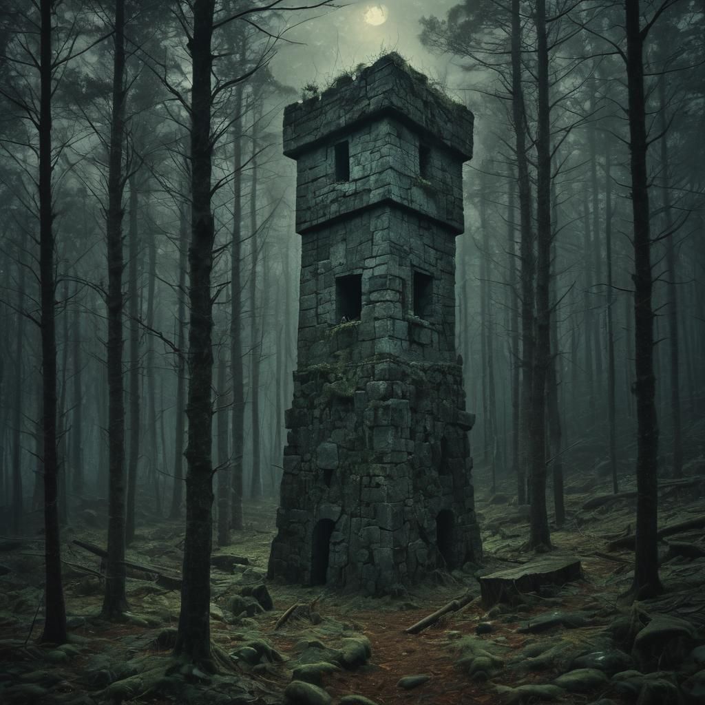 Mysterious Stone Tower in Spooky Forest