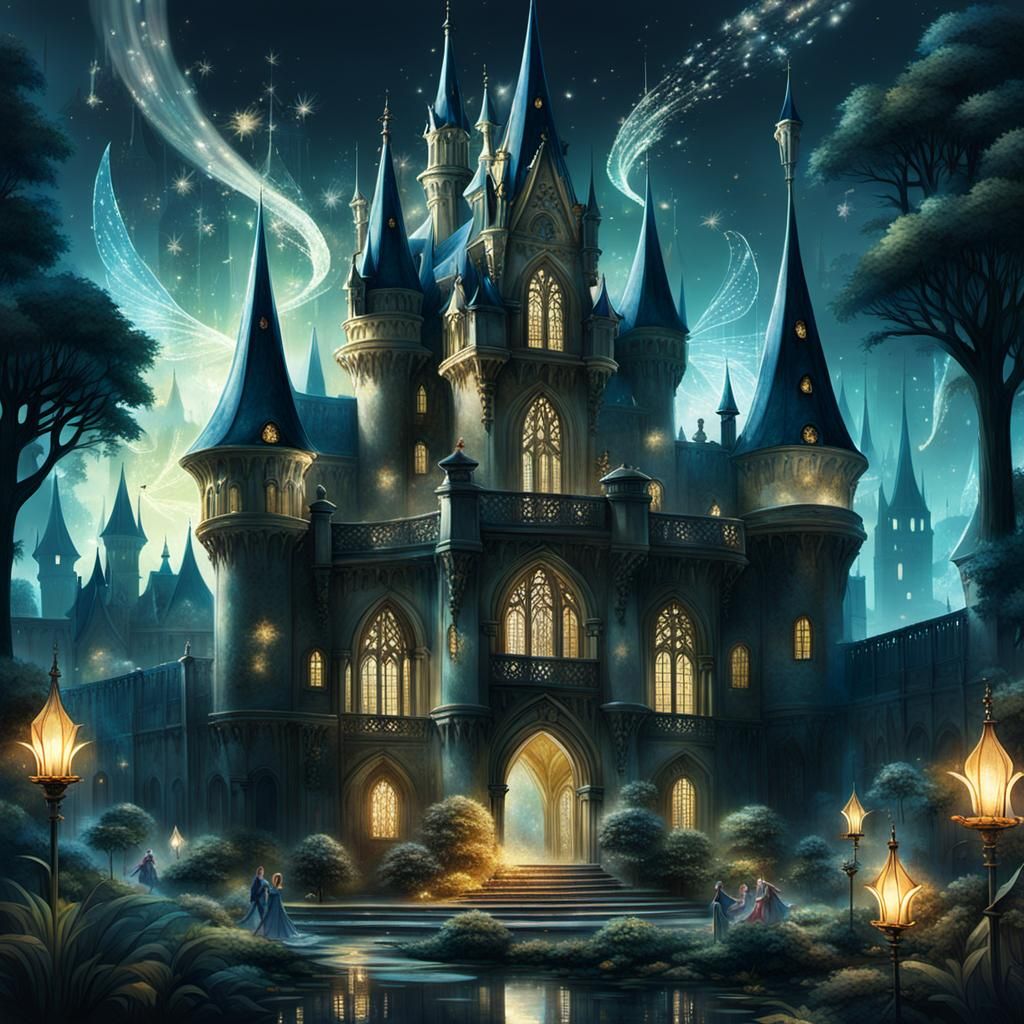 Fairies Playing in a Sparkling Chateau Garden