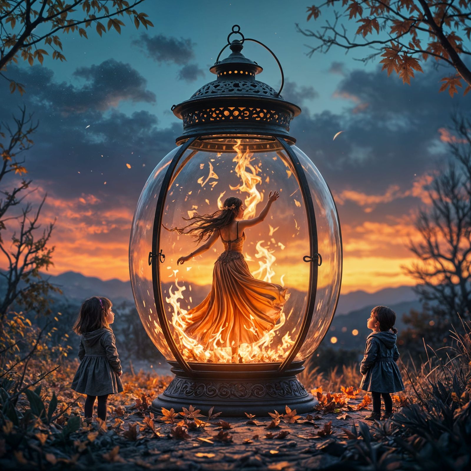 Ethereal Woman Dancing in Lantern Flames