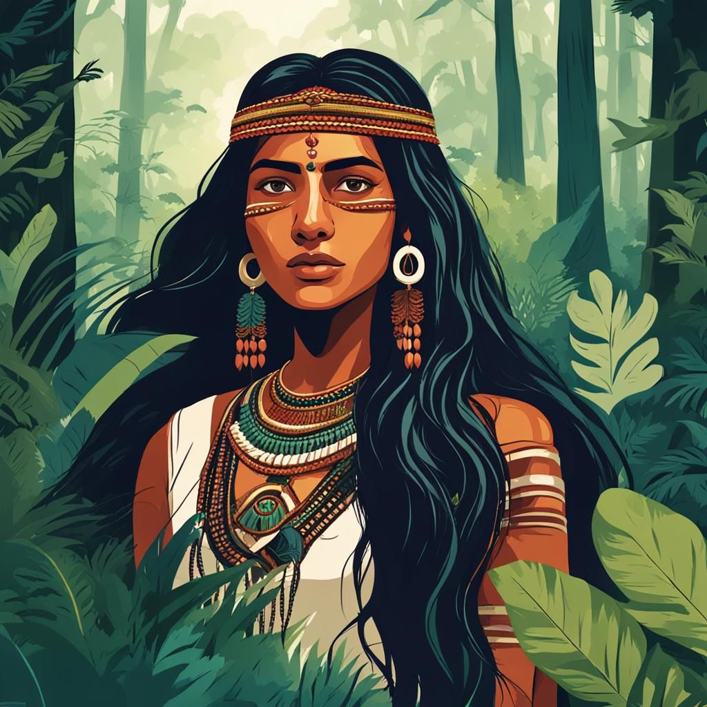 Indian Woman in Amazon Rainforest: 2D Illustration