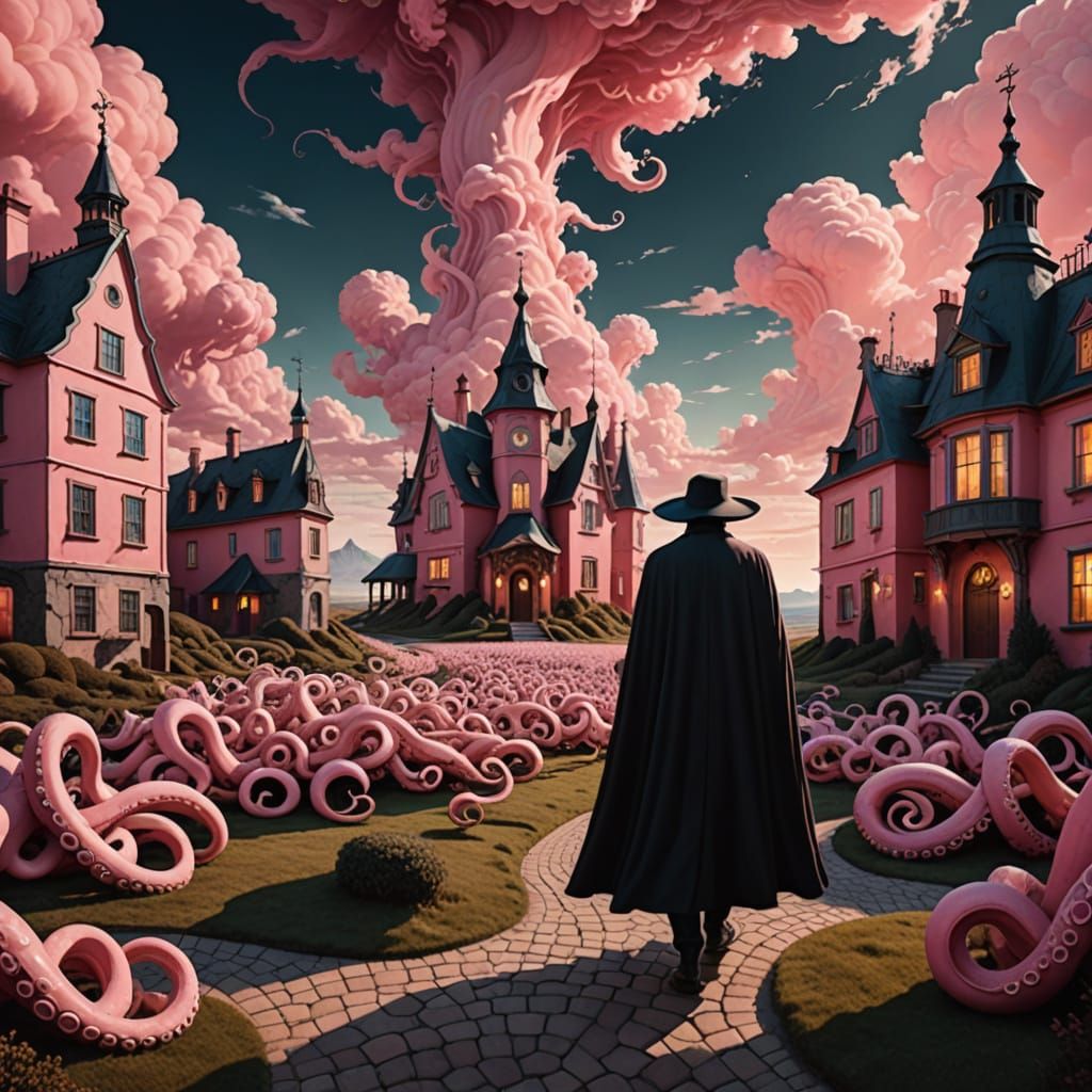 Figure in a Dark Cloak Stands Amidst Surreal Village Landsca...