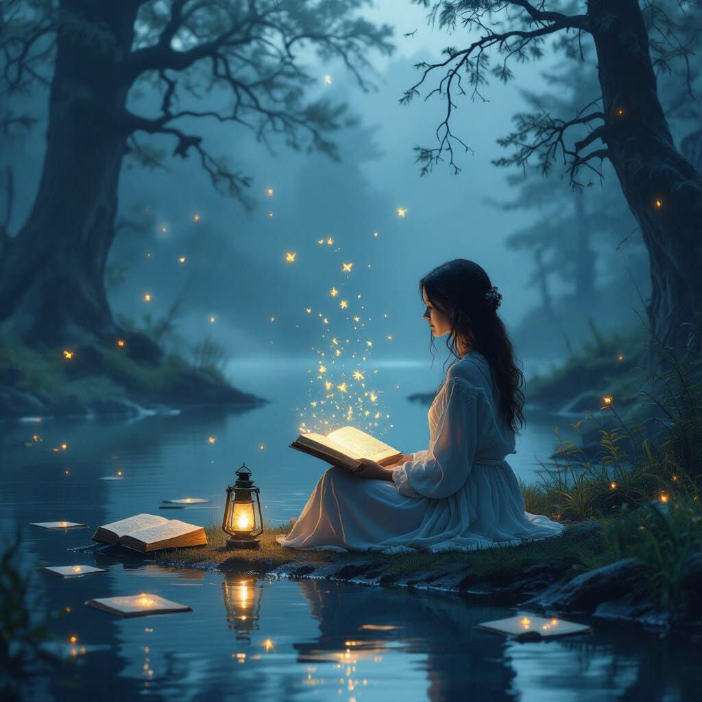 Ethereal Woman Reading in Misty Forest