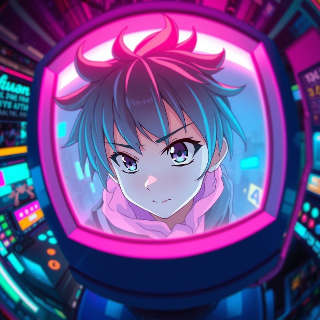 Girl Peeks Out from Computer Screen with Intense Gaze