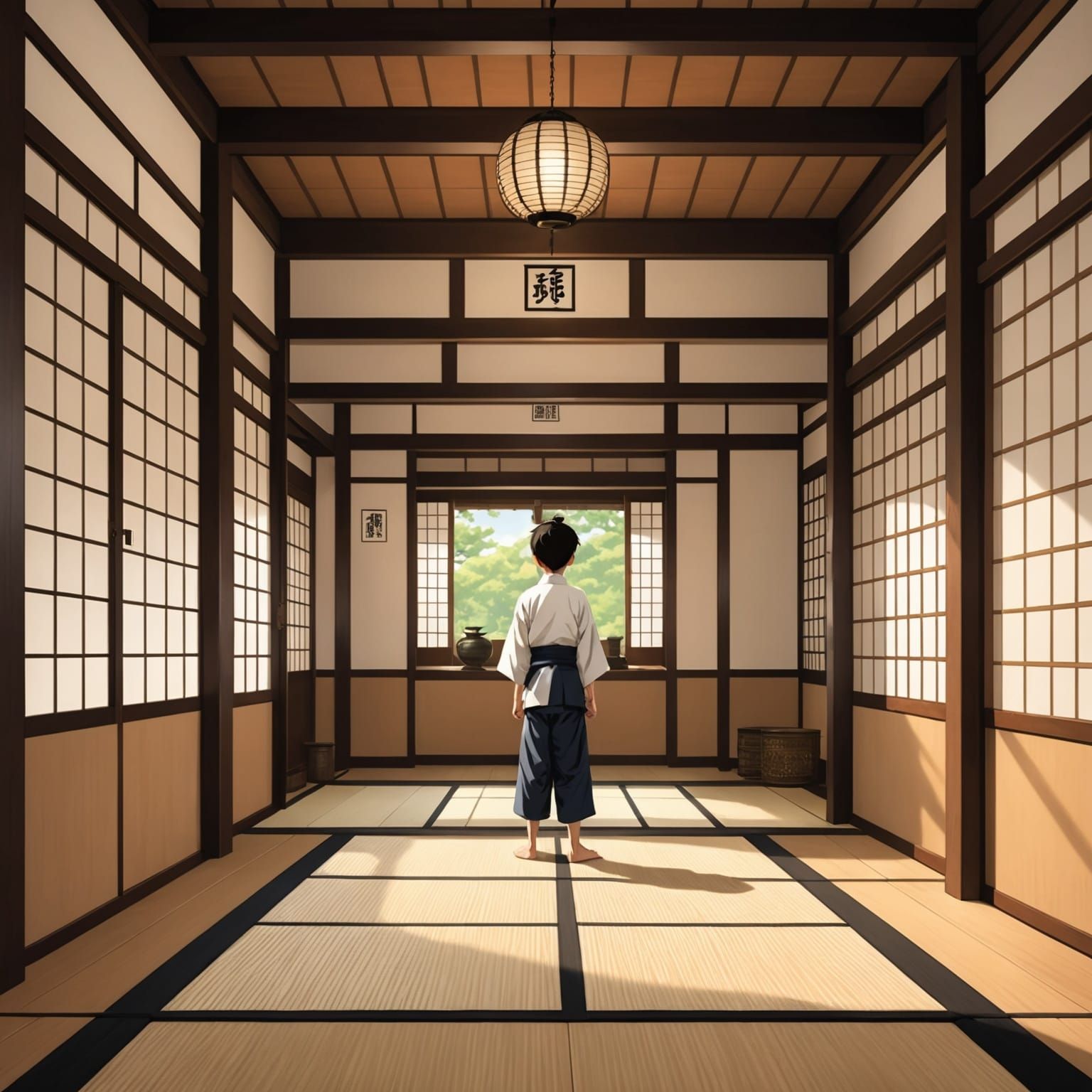 Anime Dojo Scene with Young Sensei in Action