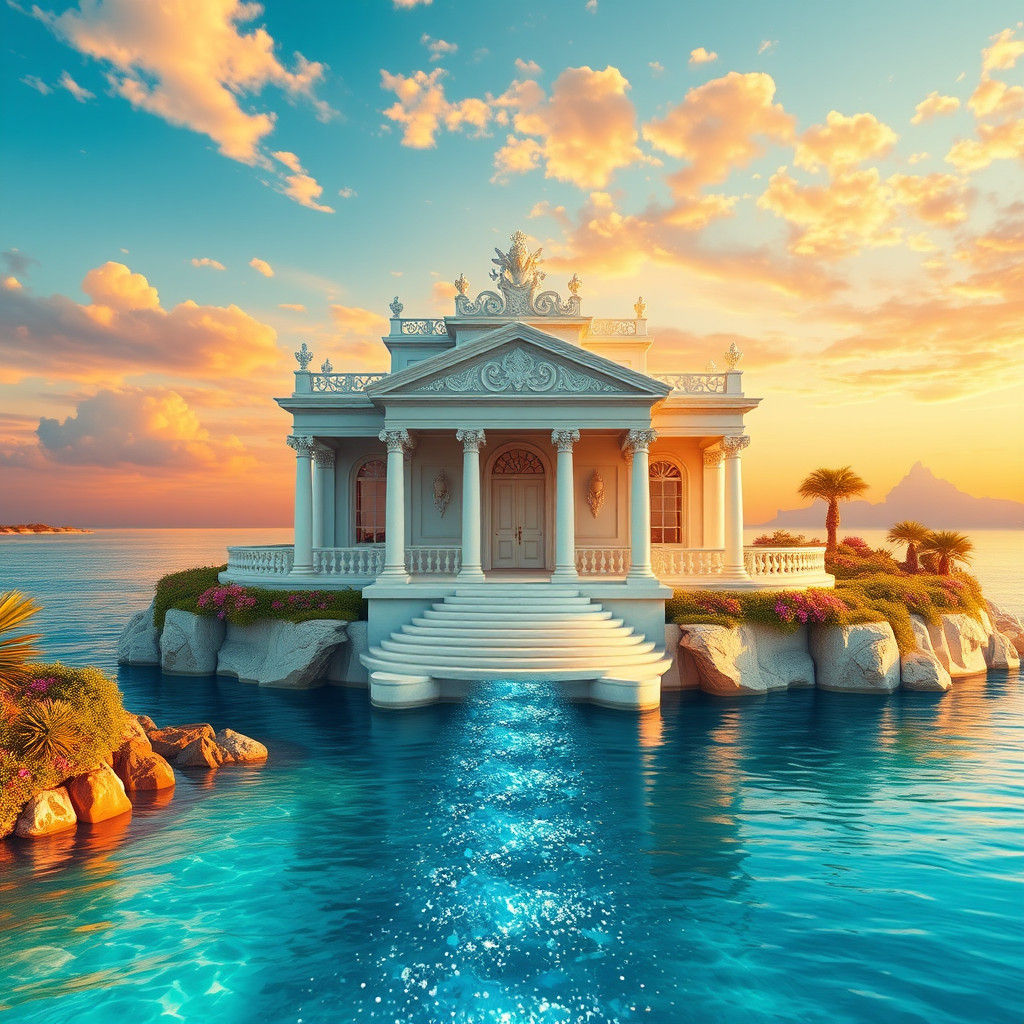 Heavenly Marble House Floating on Crystal Sea