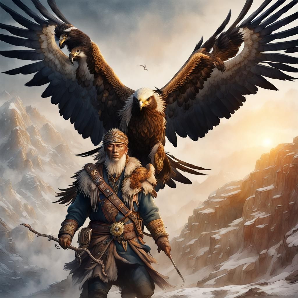 Kazakh Eagle Hunter and Golden Eagle in Watercolor