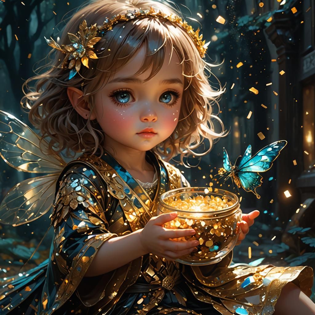 Vibrant Chibi Fairy with Glittering Costume and Intricate Mo...