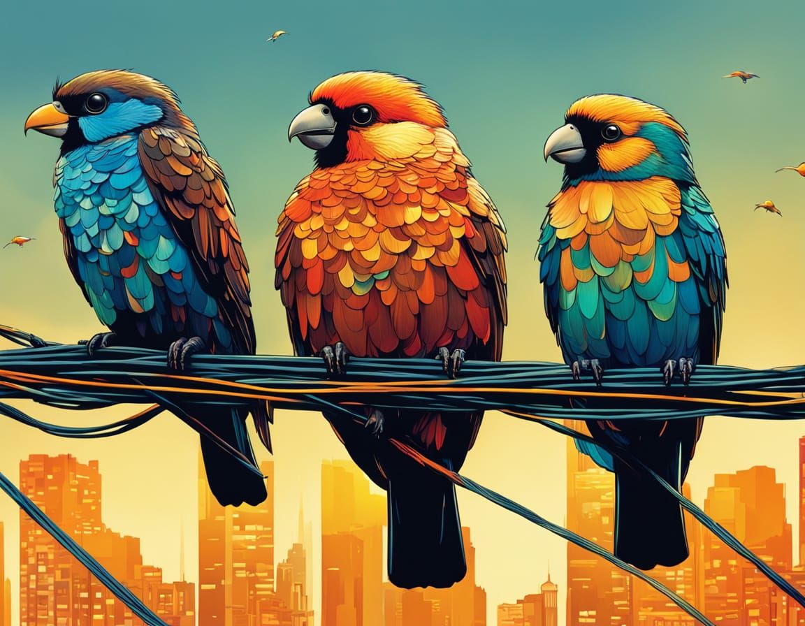 Cute Colorful Birds on Wire: Maximalist Golden Hour Illustra...
