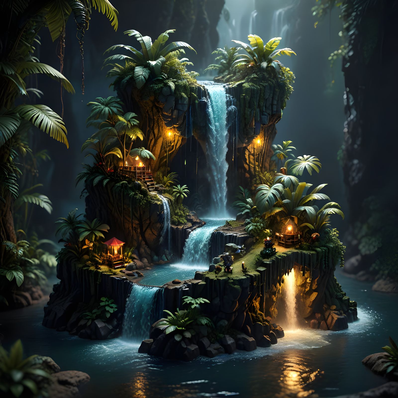 Realistic Isometric 3D Diorama of Tropical Island Waterfall