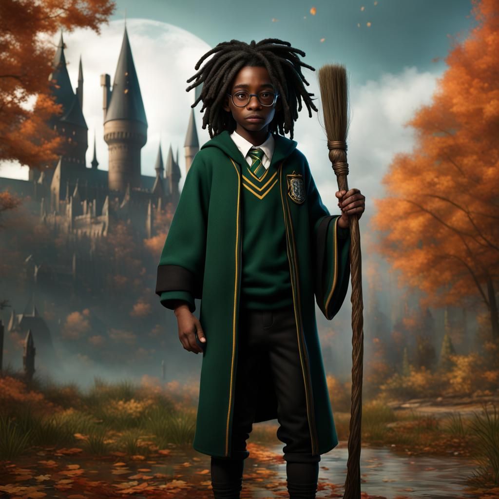 Black Boy Wizard at Hogwarts: Detailed Digital Painting