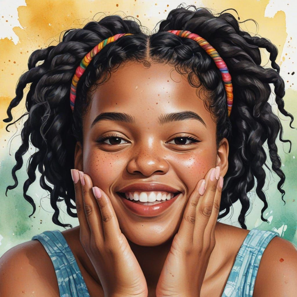 Joyful Girl Blowing Kiss: Watercolor Portrait