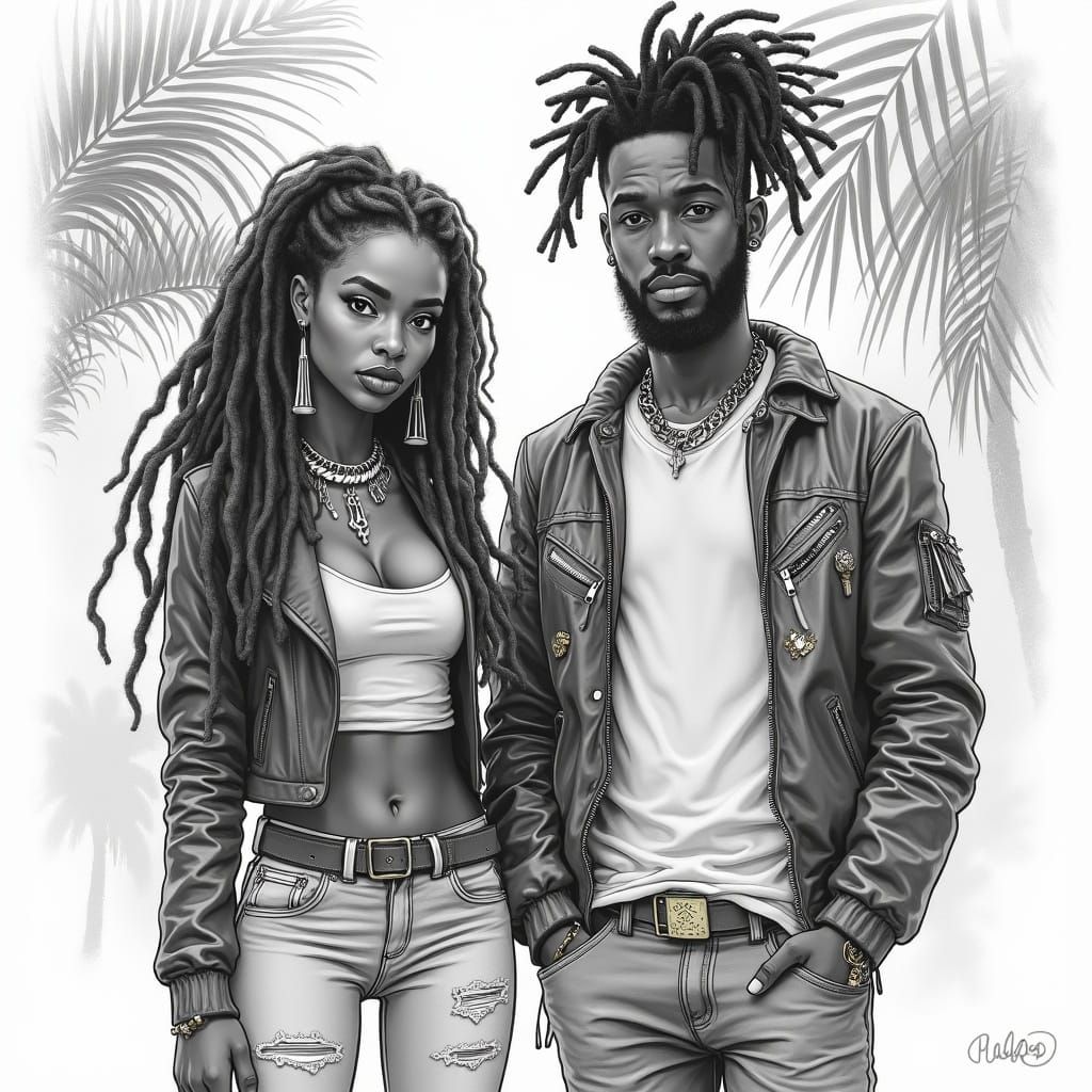 Stylish Black Couple in Tropical Setting Pencil Sketch