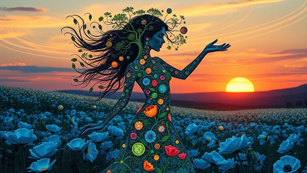 Surreal Goddess Unites Nature in Vibrant, Luminous Landscape