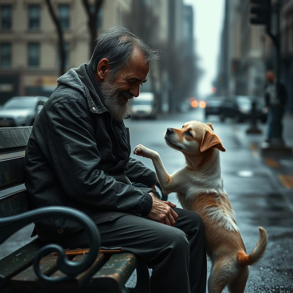 Homeless Man's Joy: Dog's Comfort in Bleak Cityscape