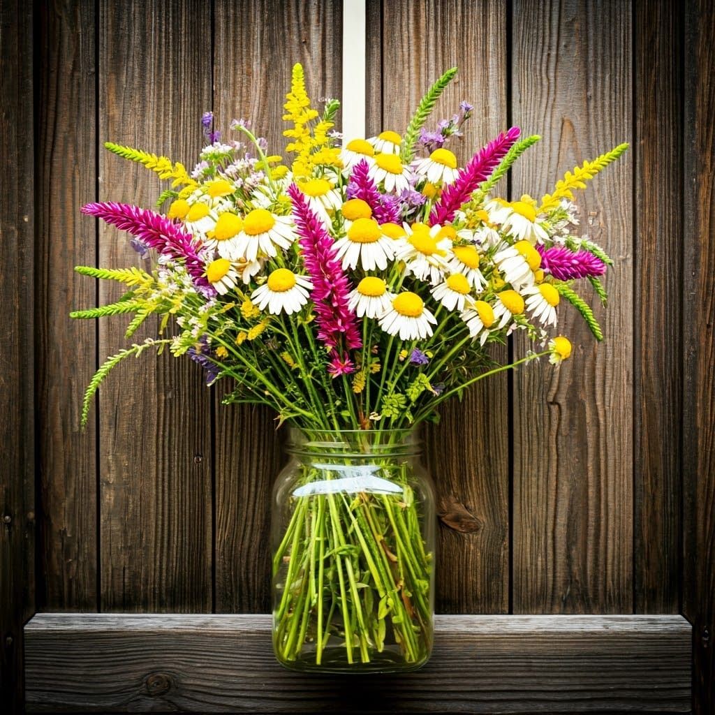 Whimsical Floral Wreath in a Clear Glass Jar, Rustic Door