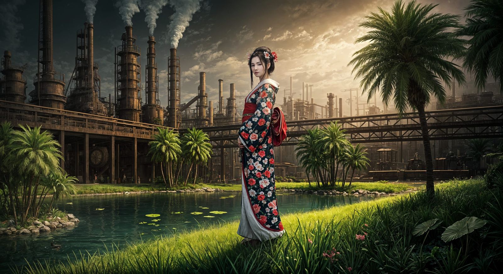 Industrial Oasis with Serene Geisha