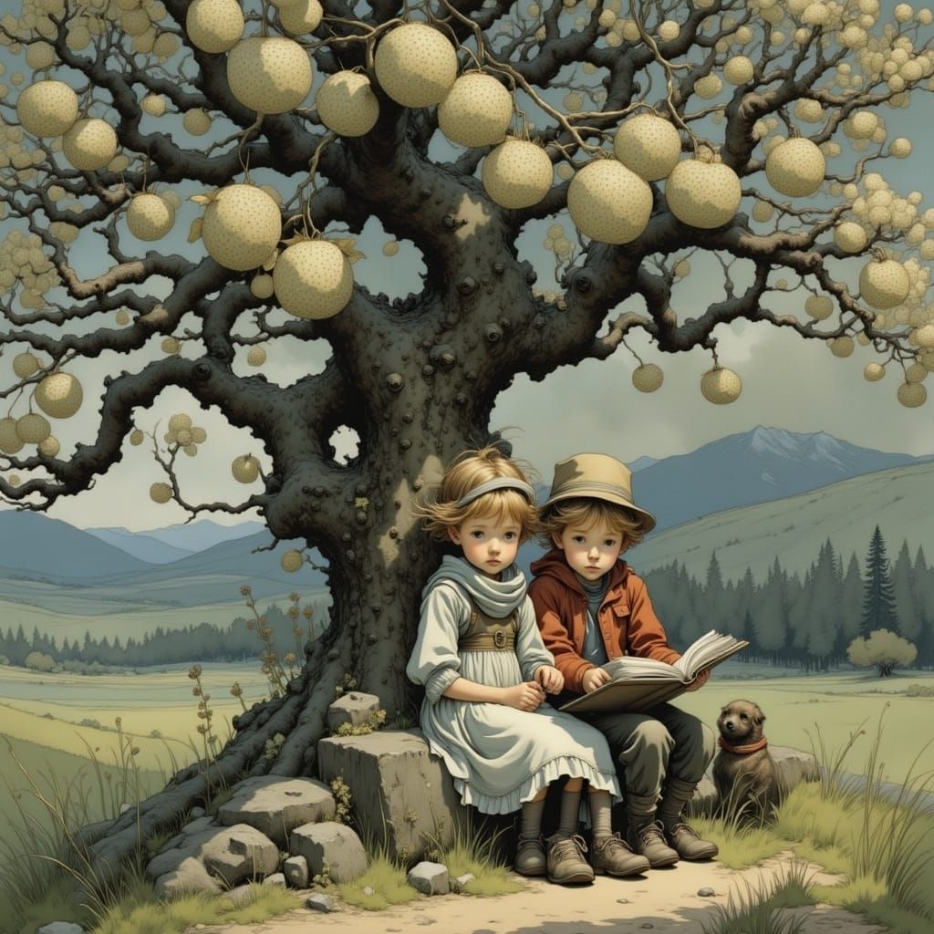 Siblings Reading Under Blossoming Tree, Illustrative Style
