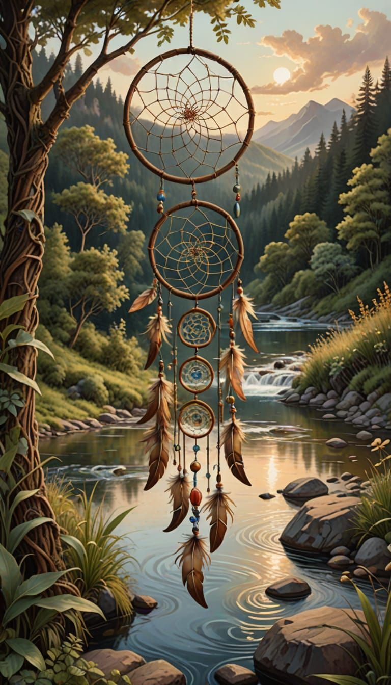 Ornate Dreamcatcher Over River in Art Nouveau Style
