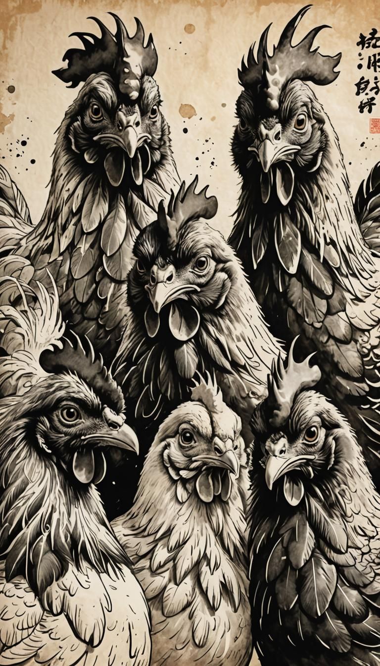 Humorous Chinese Ink Sketch of Googly-Eyed Chickens
