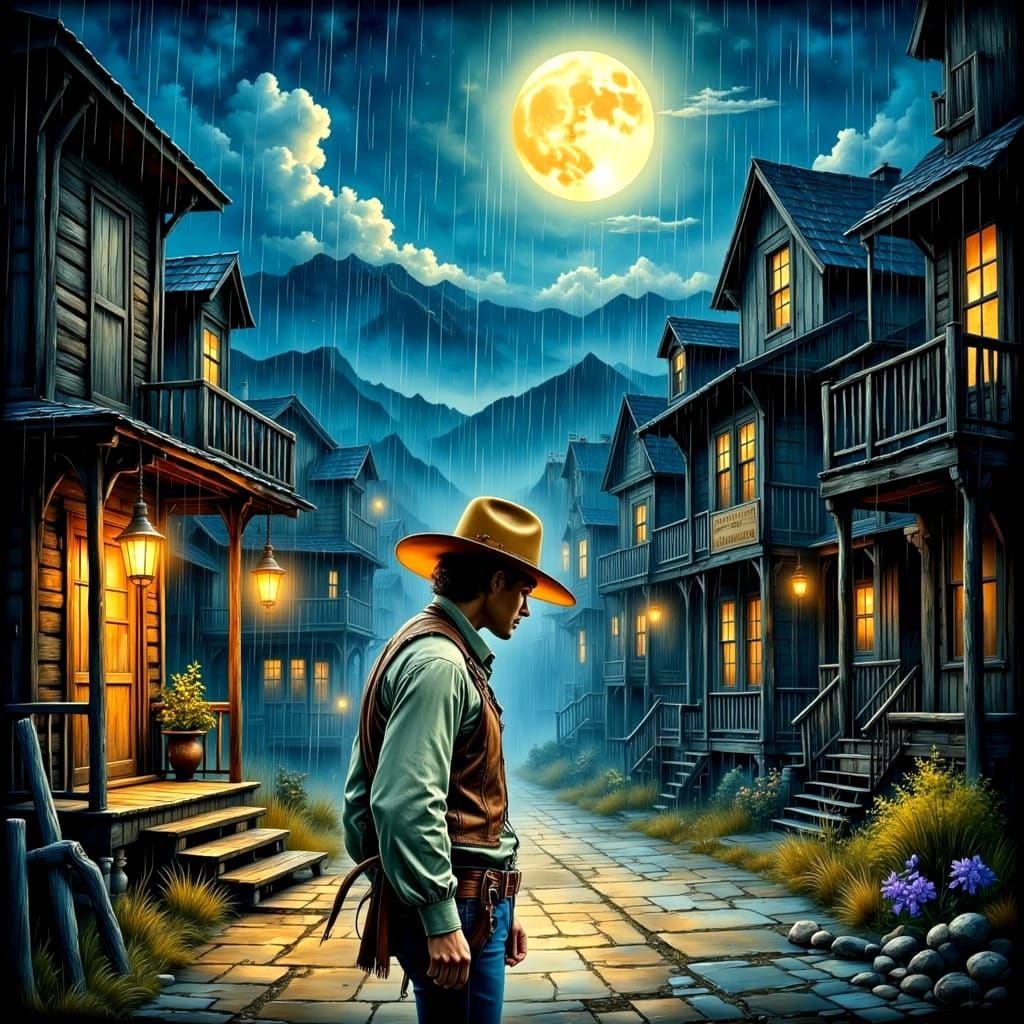 Cowboy in Rainy City Night, Vintage Watercolour Style