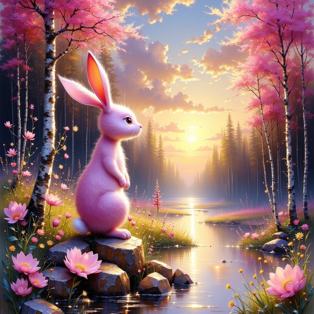 Pink Rabbit Emerges from Paper in Magical Landscape