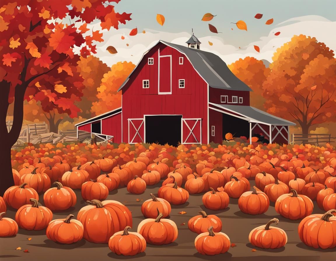 Picturesque Autumn Landscape with Rustic Barn and Market