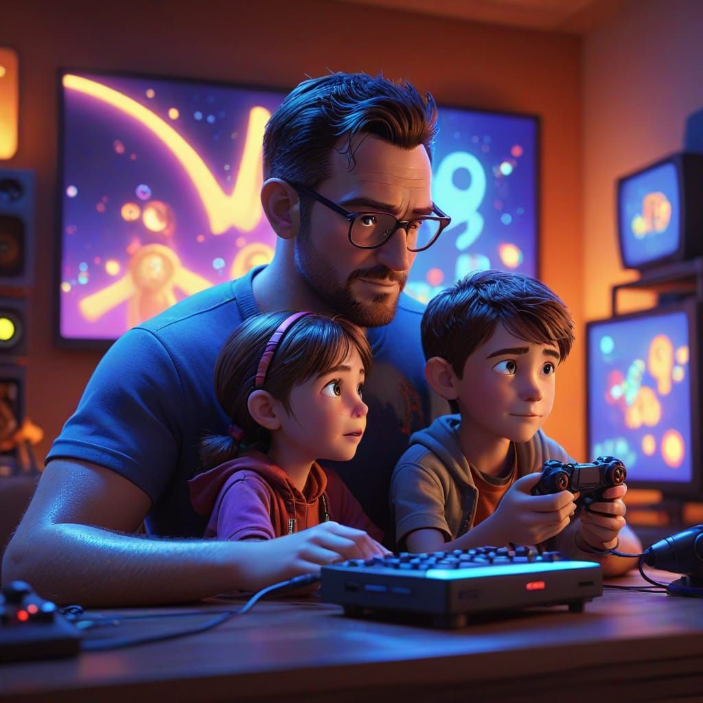 Father and Child Gaming: Pixar-Style 3D Animation