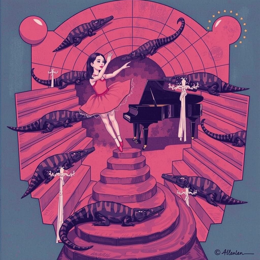 Ballerina Dances on Piano: Dreamlike Fantasy Drawing