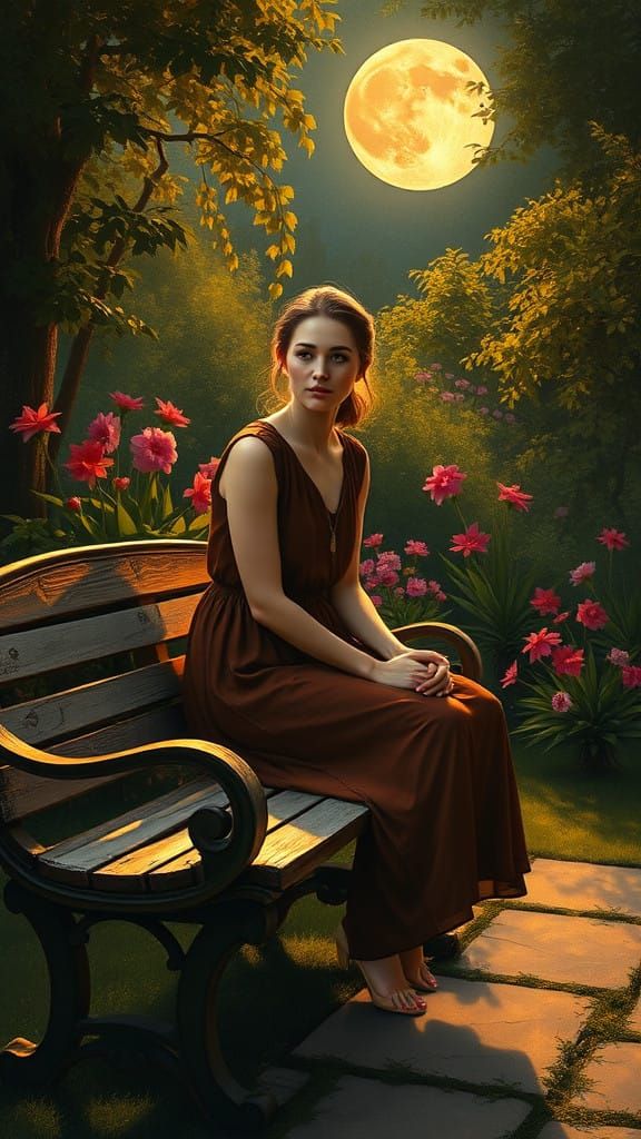 A Woman Contemplates in a Moonlit Garden