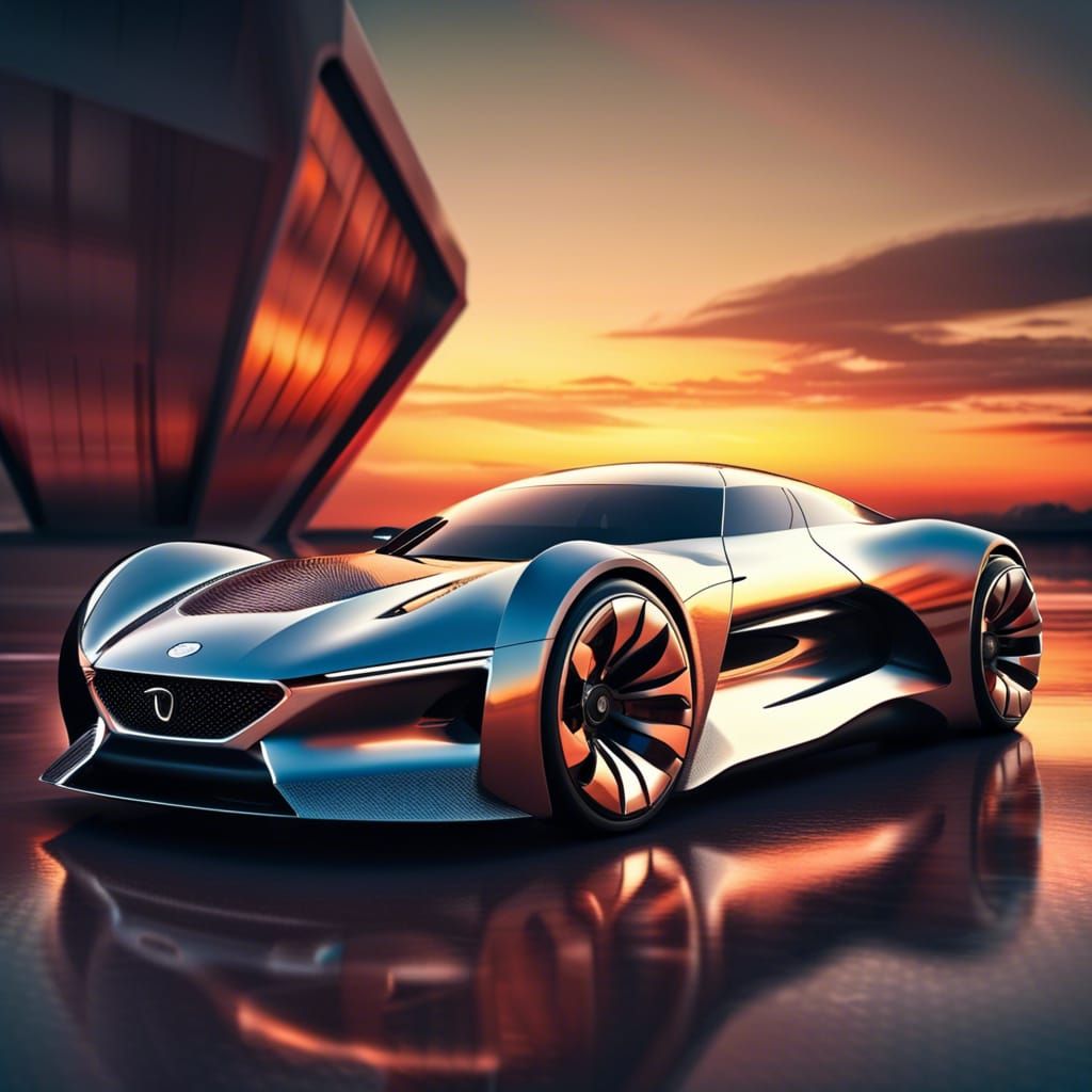 Futuristic Hovering Sports Car at Sunset