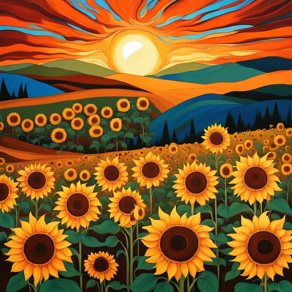Sunflowers Field Sunset Mountain Abstract Art