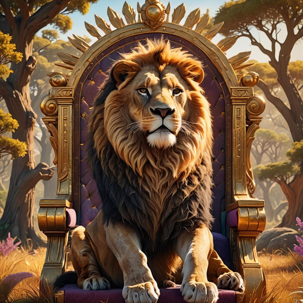 Lion King on Savannah Throne: 3D Digital Art