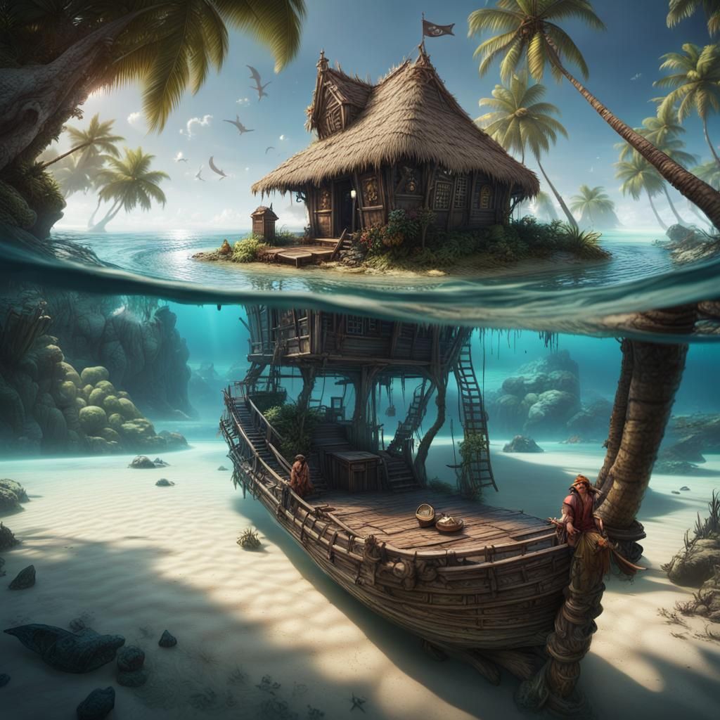 Paradise Island: Thatched Hut and Sunken Pirate Ship