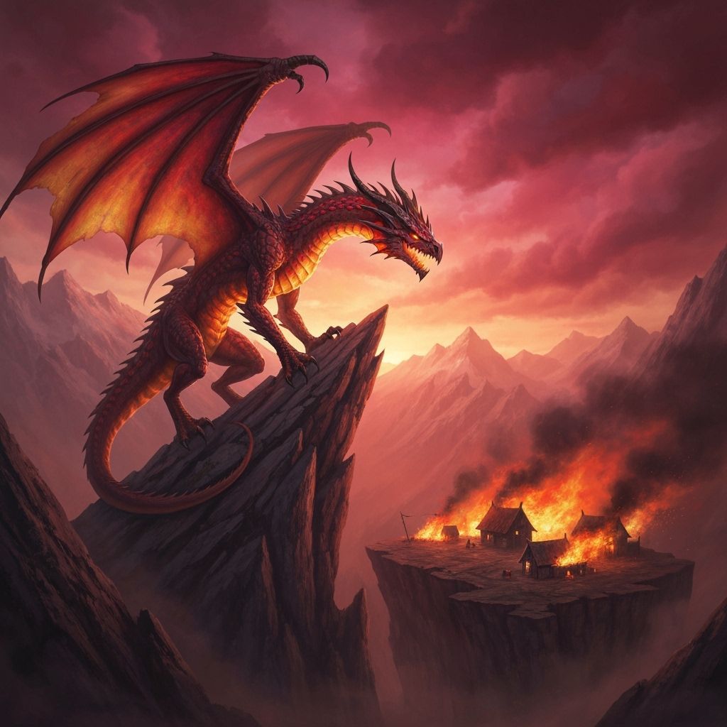 Fearsome Dragon on Mountain Peak Overlooking Burning Village