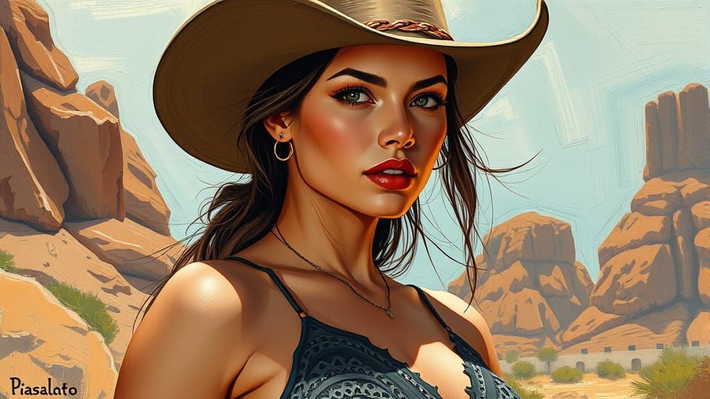 Sleek Cowgirl in Lace Top, Retro Sci-Fi Adventure Style