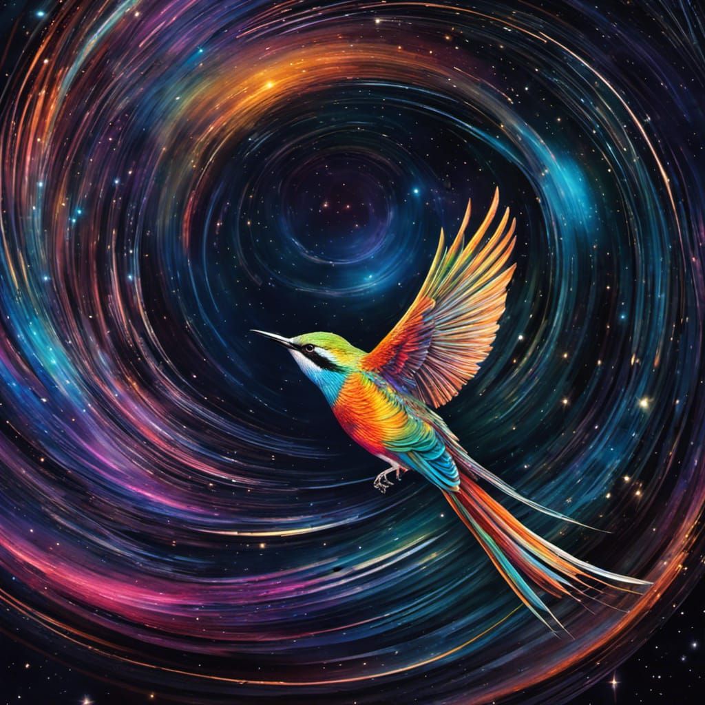 Cosmic Bird Flight Through Starry Iridescent Galaxy