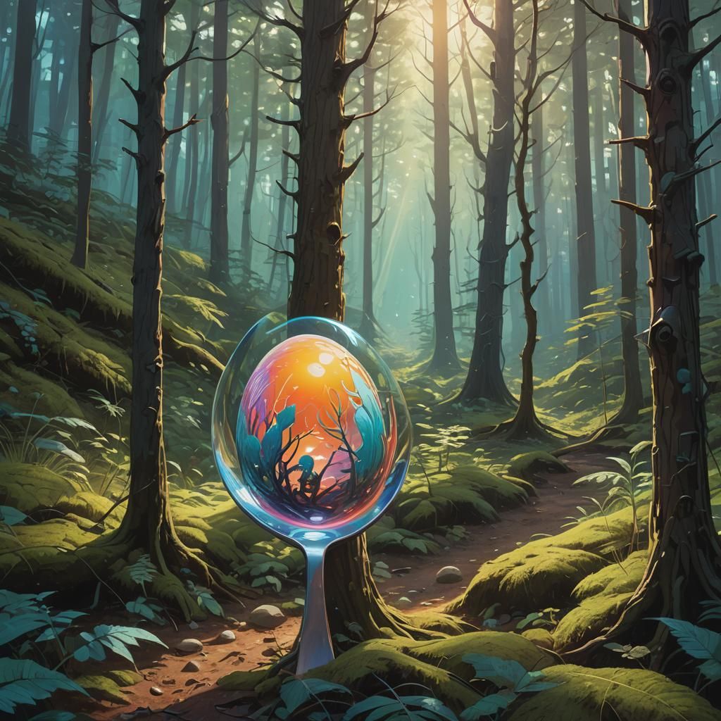 Spoon-Shaped Egg in Mystical Forest: Digital Art