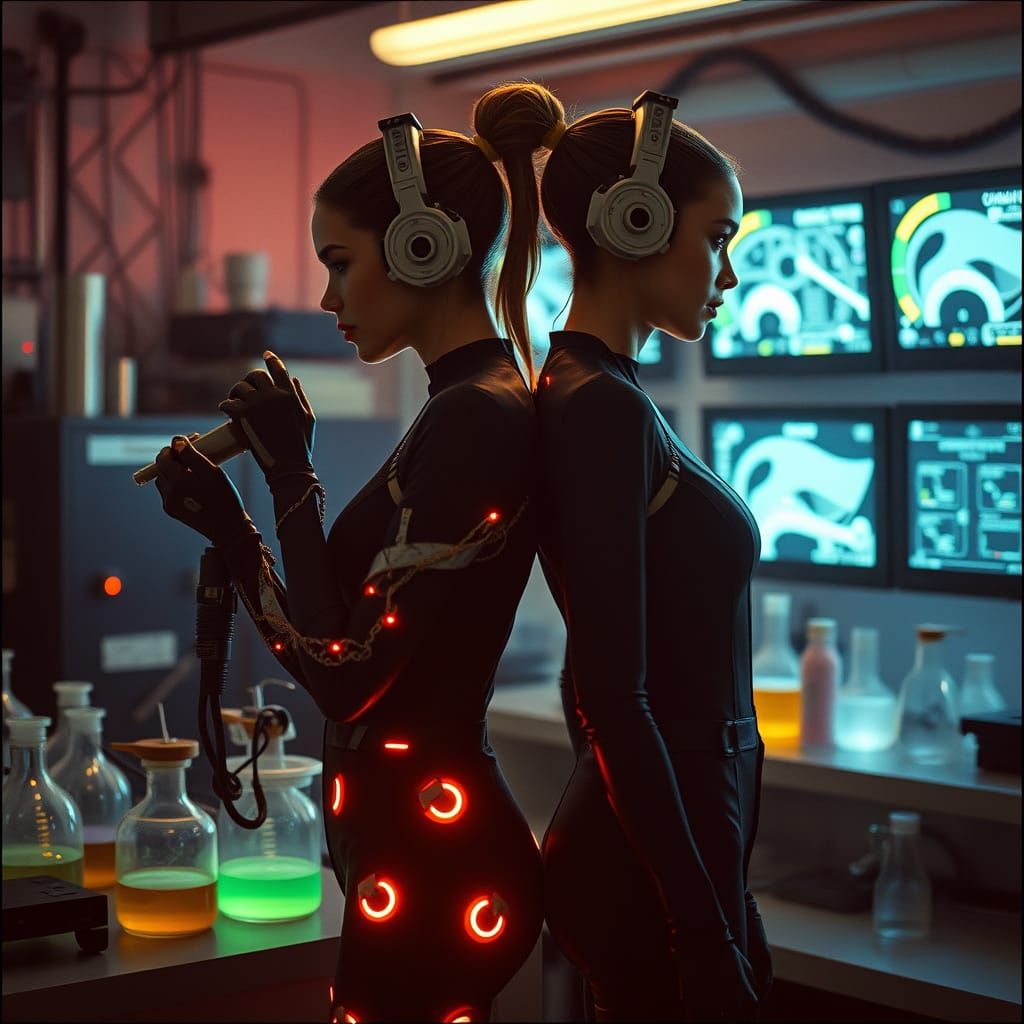 Twin Cyborg Sisters in Moody Cyberpunk Lab