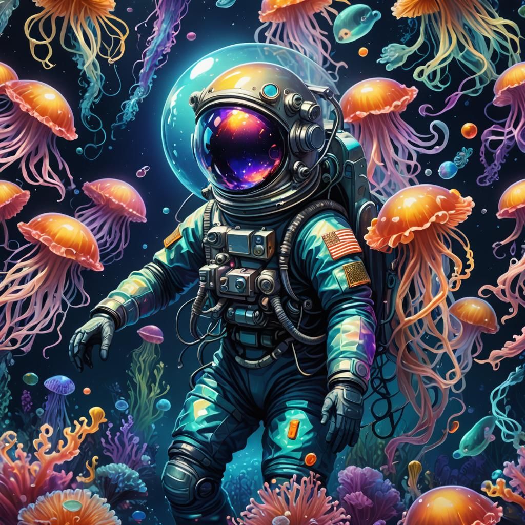 Astronaut and Bioluminescent Sea Creatures: Surreal Ocean Sc...