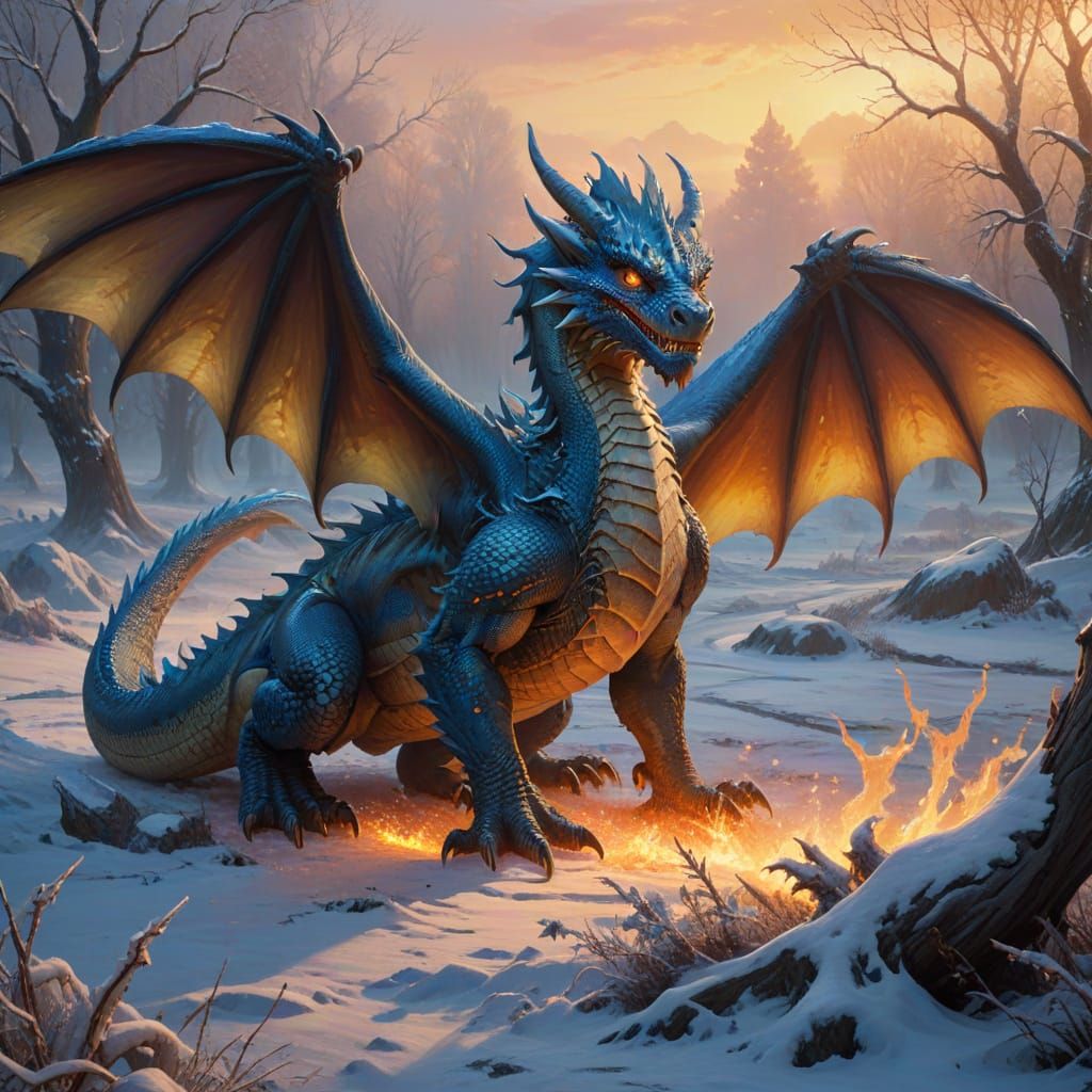 A Blue Dragon Soars Over a Winter Wonderland in Vibrant Oil ...