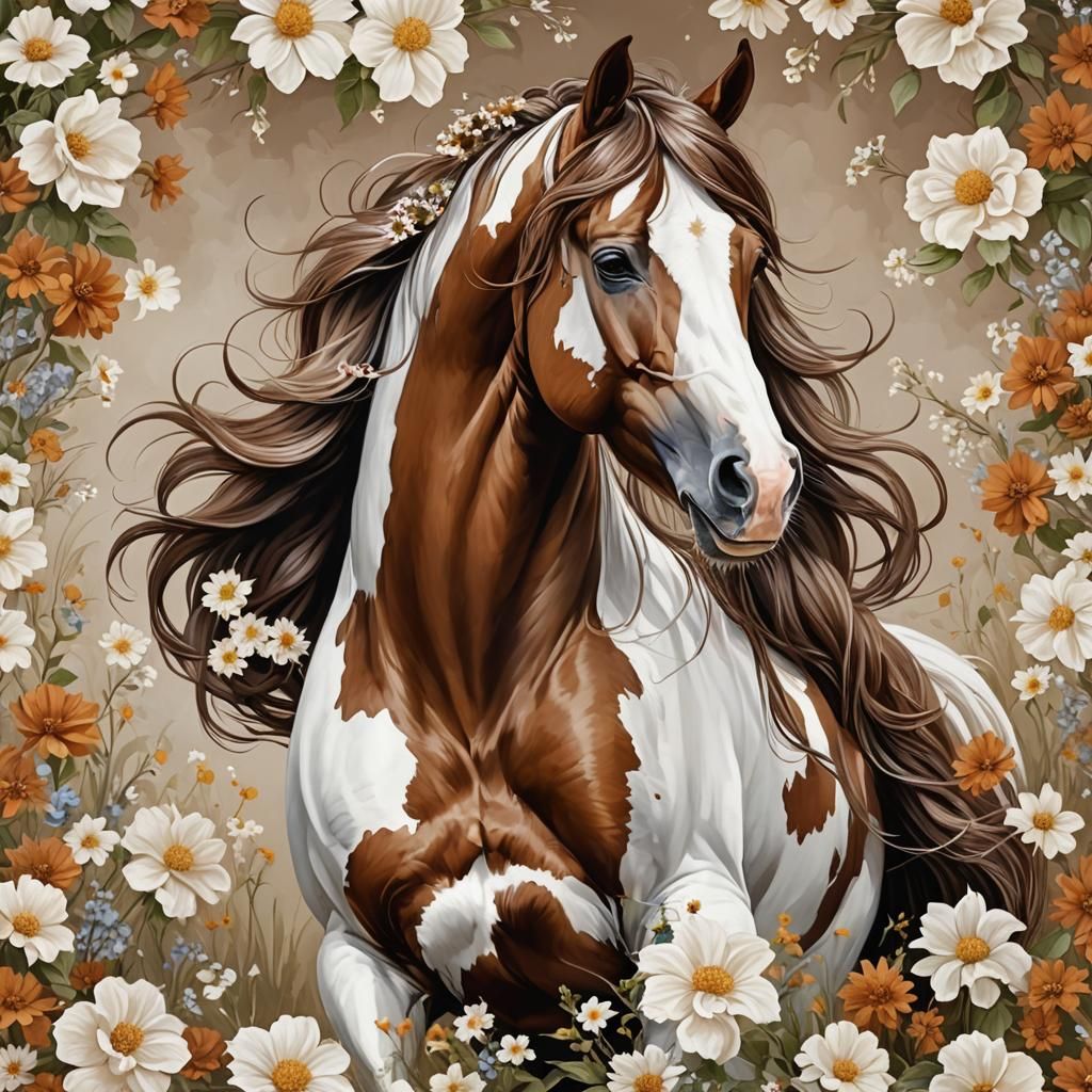 Majestic Paint Horse with Floral Adornments