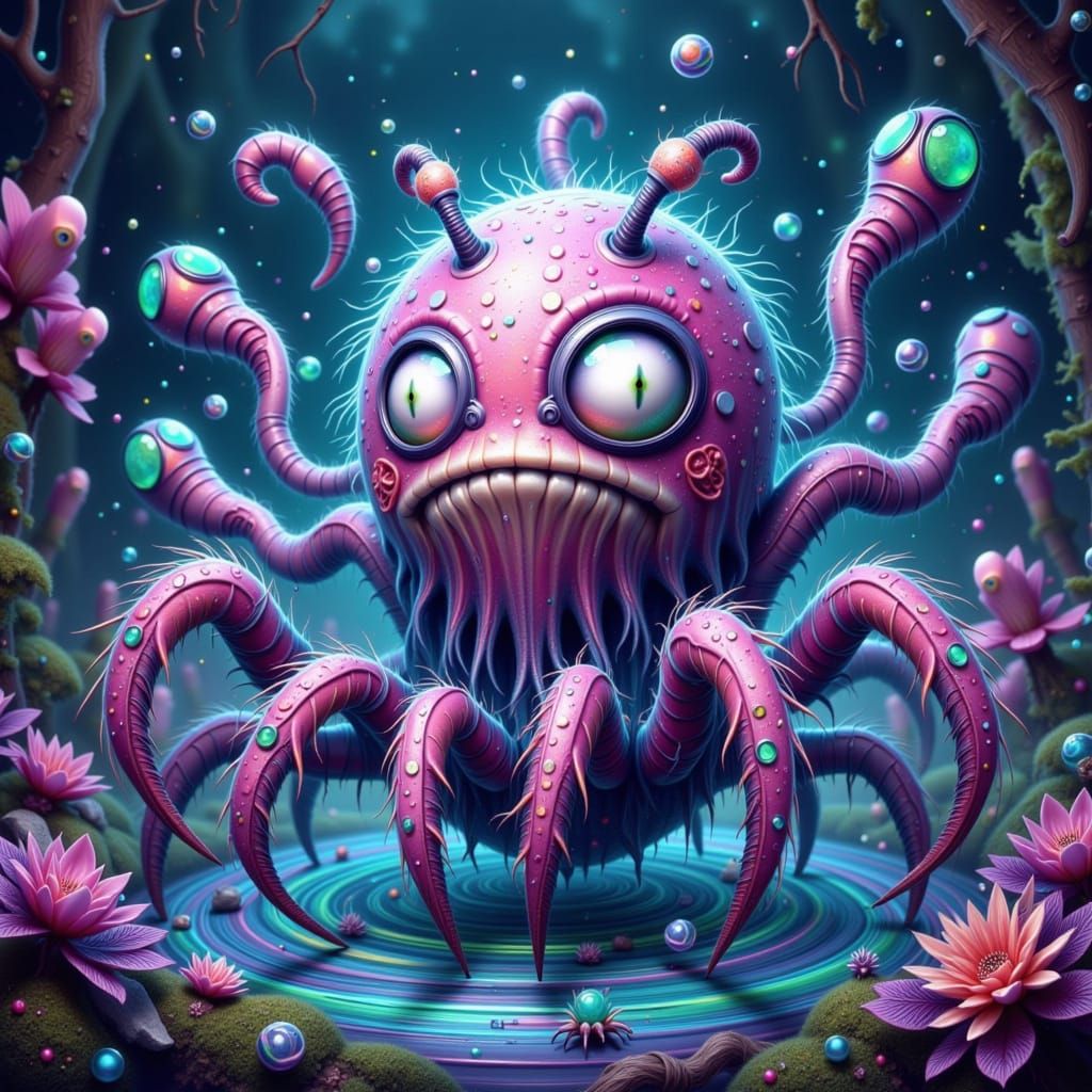 Surreal Fae Hybrid in Whimsical, Neon-Lit Landscape