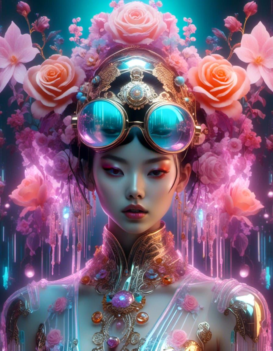 Translucent Gothic Geisha with Floral Cyborg Goggles