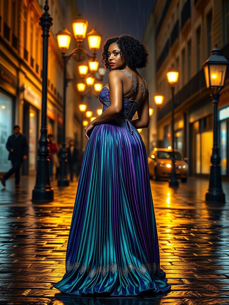 Glamorous Woman Under Antique Street Lamps in a Gritty Urban...